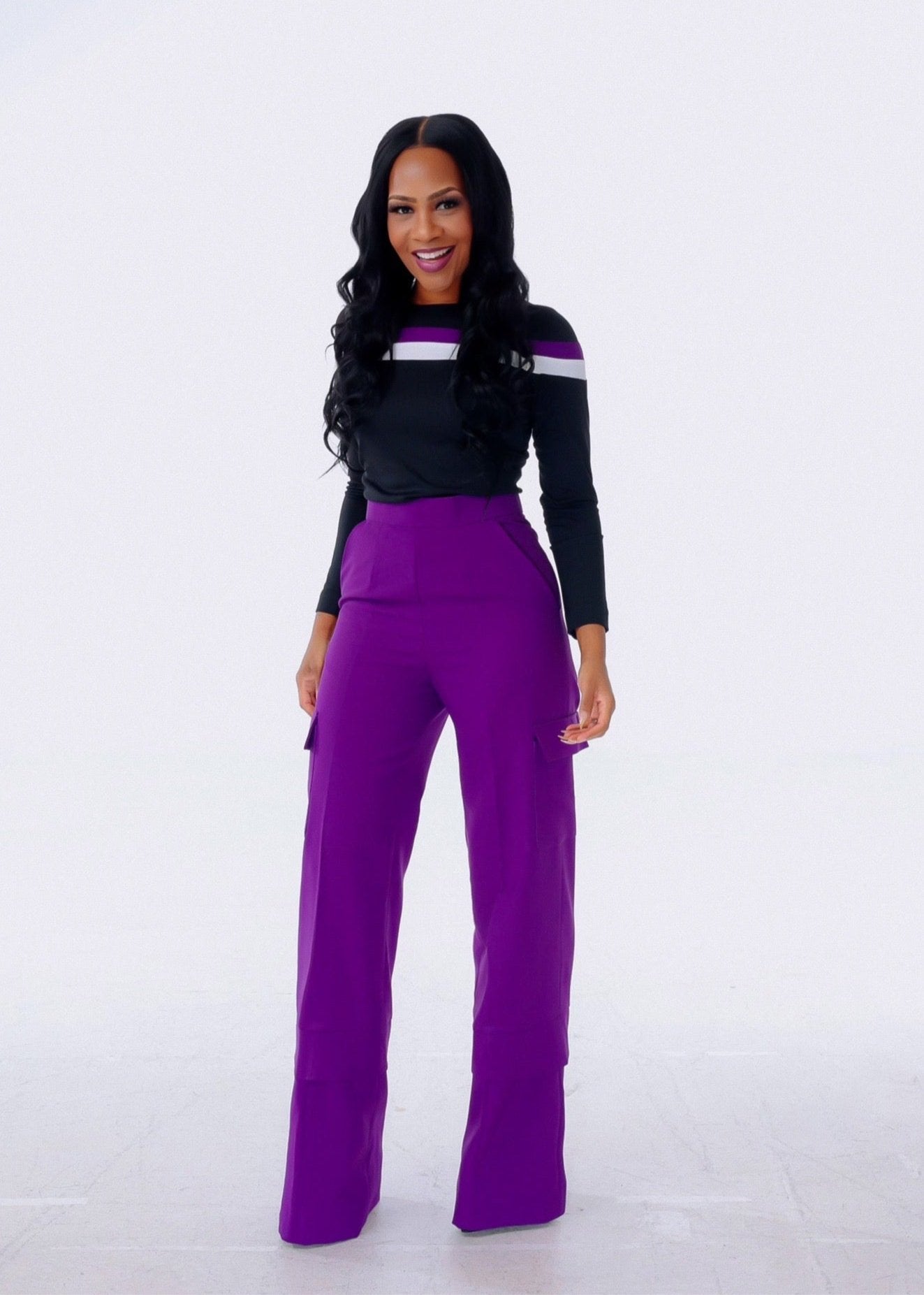 OlarsGrace | Elegant Purple Cargo Pant Set Cargo Pants & Stripe Top