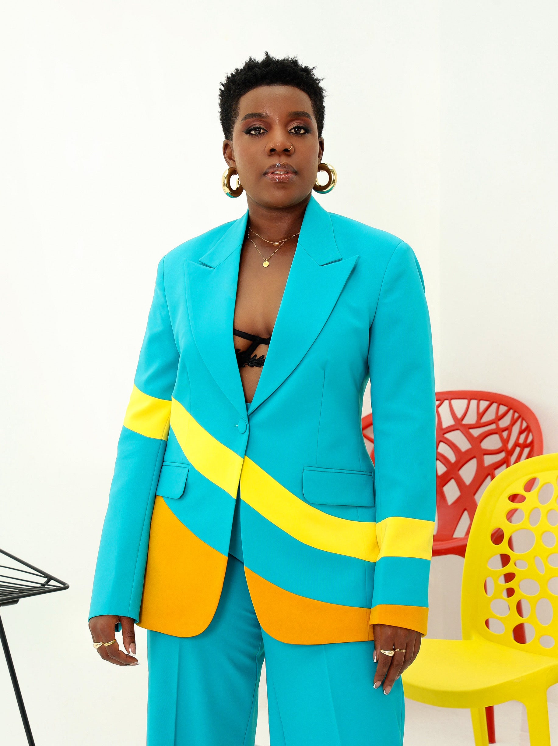 Annakat Colorblock Blazer. Teal & Yellow Statement Jacket | Olarsgrace