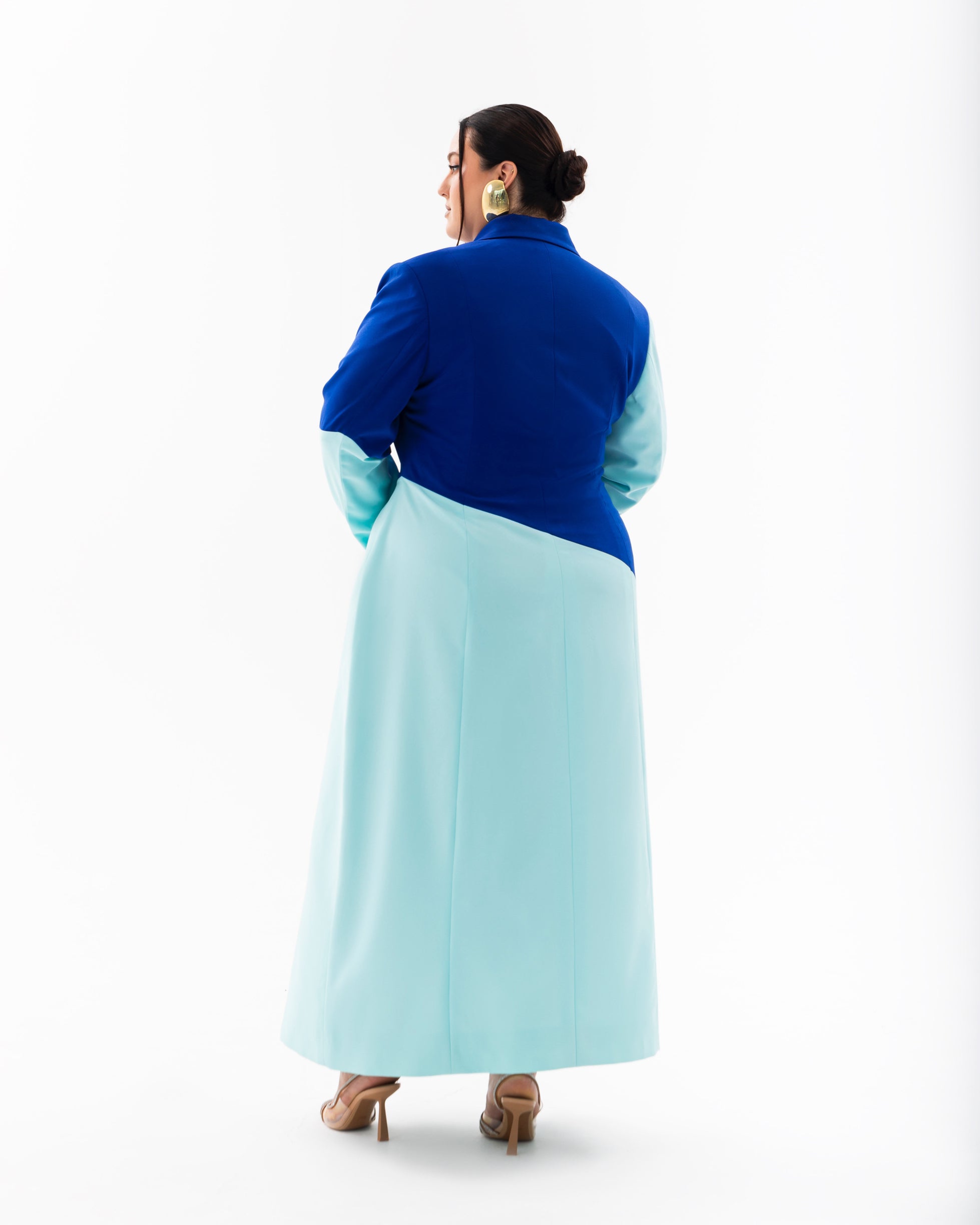 Back view of Olarsgrace Fawn Moscato long blazer dress showing colour block detailing and tailored silhouette.