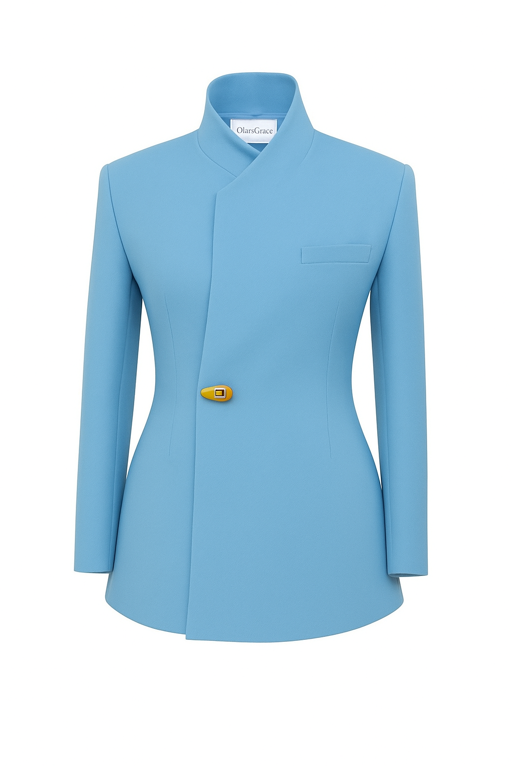 Sky blue structured blazer with high neck, sculpted waist, and gold statement button detail.