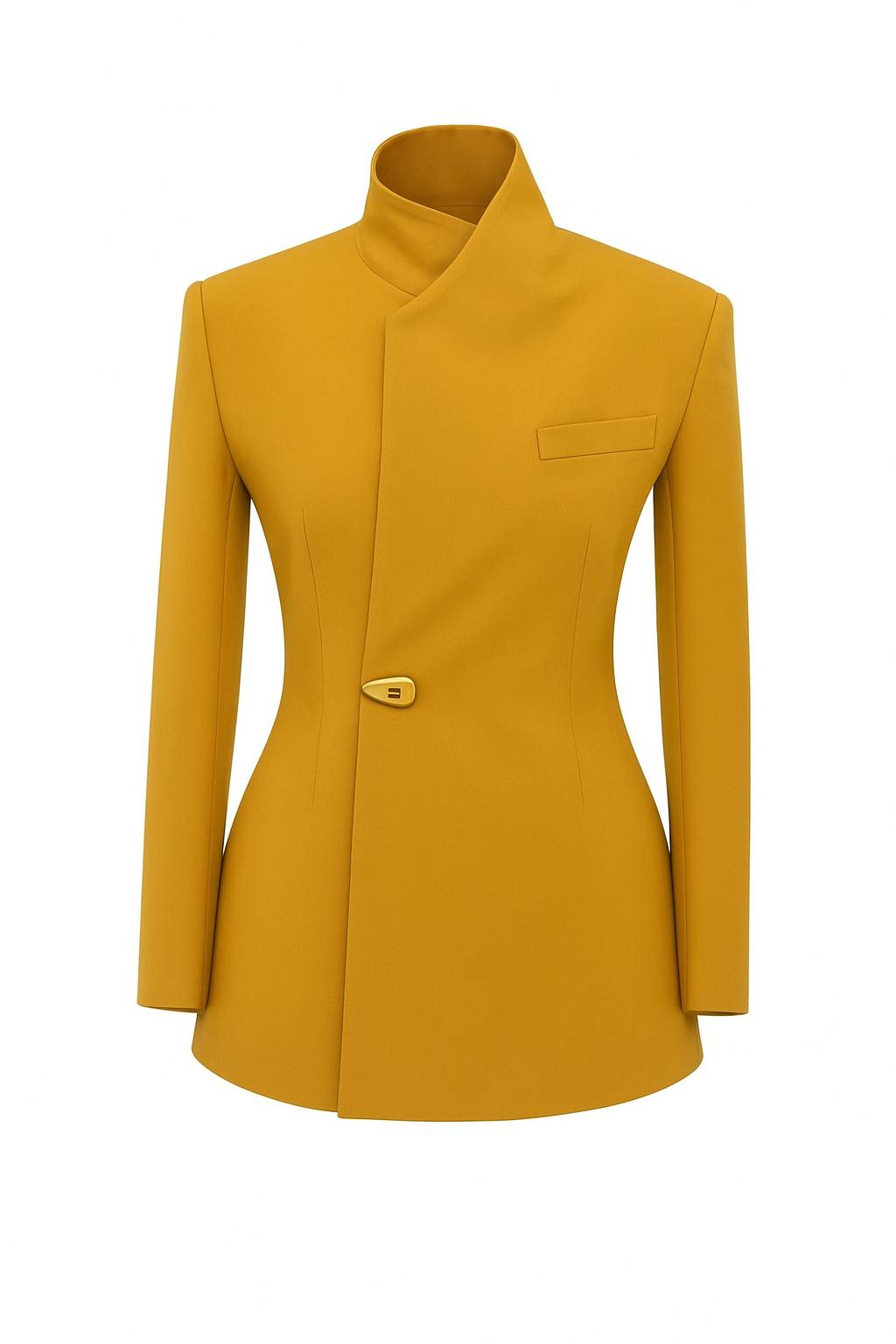 Structured mustard yellow women’s blazer with elegant high neck, defined waistline and gold statement button closure.