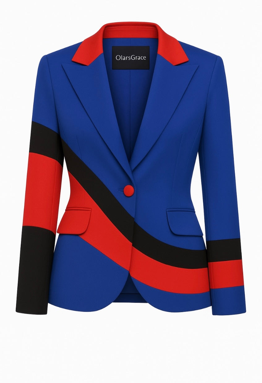 A front-facing view of a structured women’s blazer in vibrant blue with bold red and black curved accents, featuring notched lapel collar, flap pockets, and a red cover button closure.
