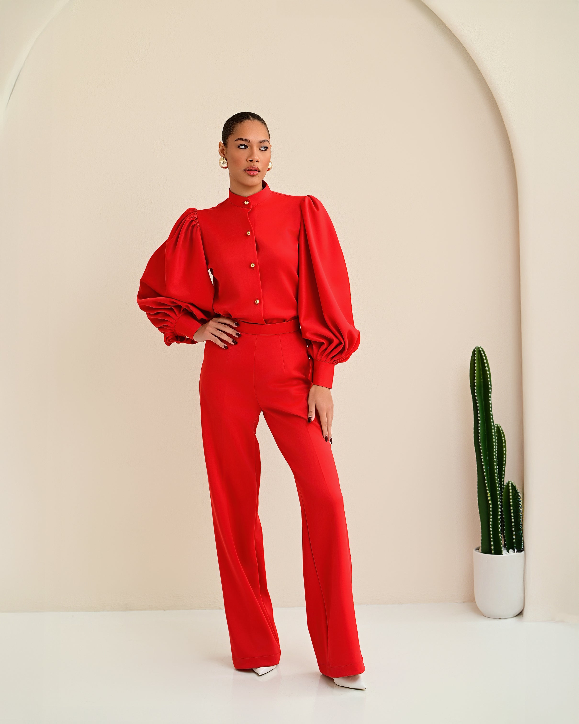 Model wearing a co-ord set with bishop neck top, gold buttons and exaggerated balloon sleeves paired with high-waist straight-leg trousers, with a cactus plant in the beige background.