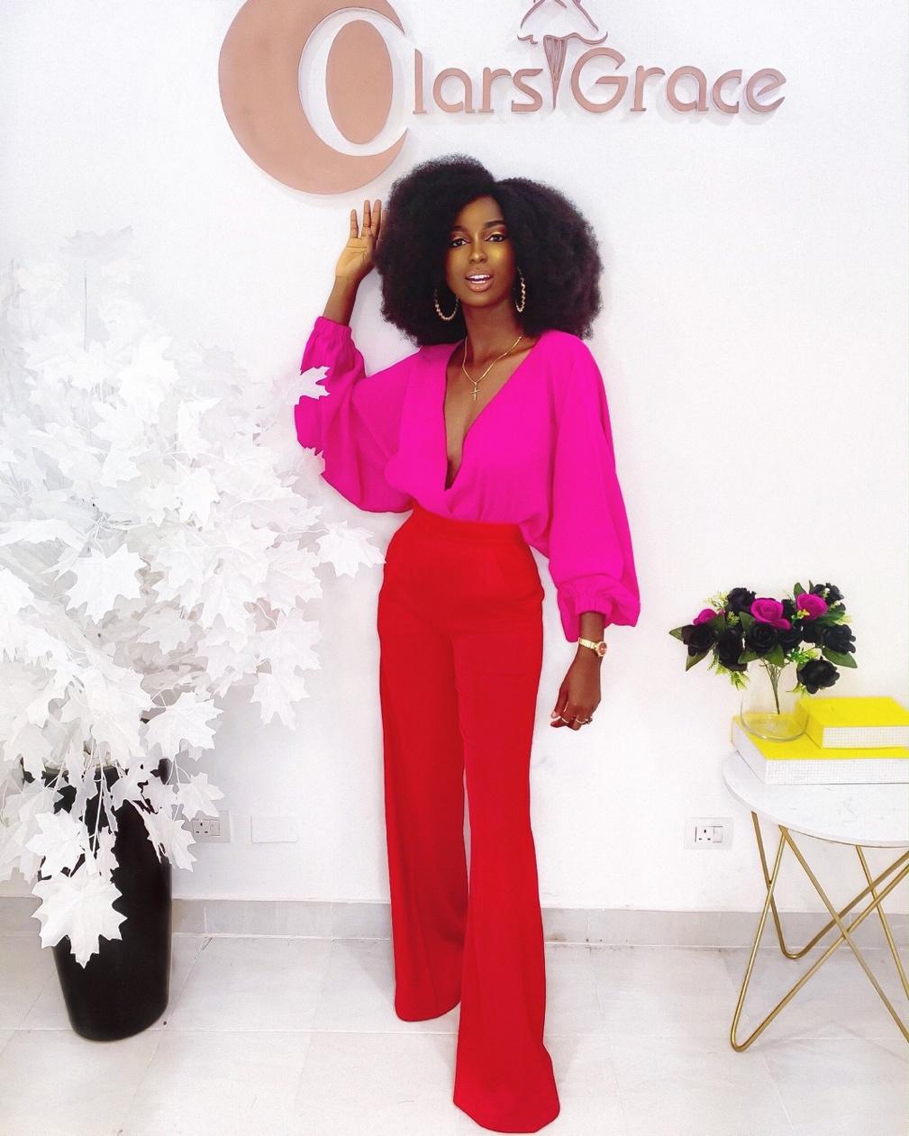 Spring pink co-ord set with kimono-style wrap top, balloon sleeves and high-waist straight pants, styled for a clean minimal look.