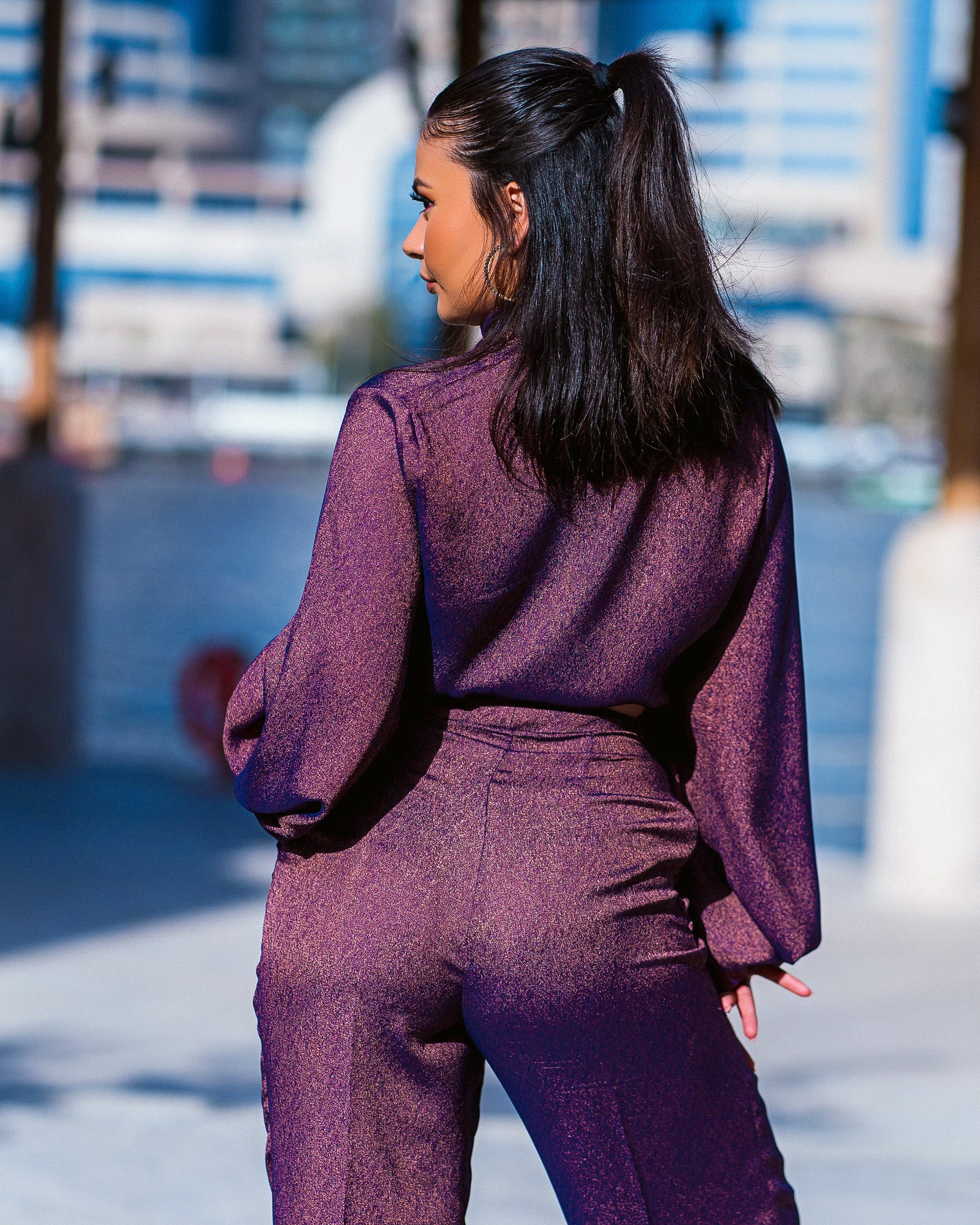 Back view of Sabrina matching set paired with a high-waist tailored pants.